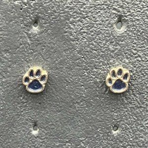 Mini Paw Print Earrings Stud Pierced Silver Dark Blue Enamel Pet Dog Mascot Vet